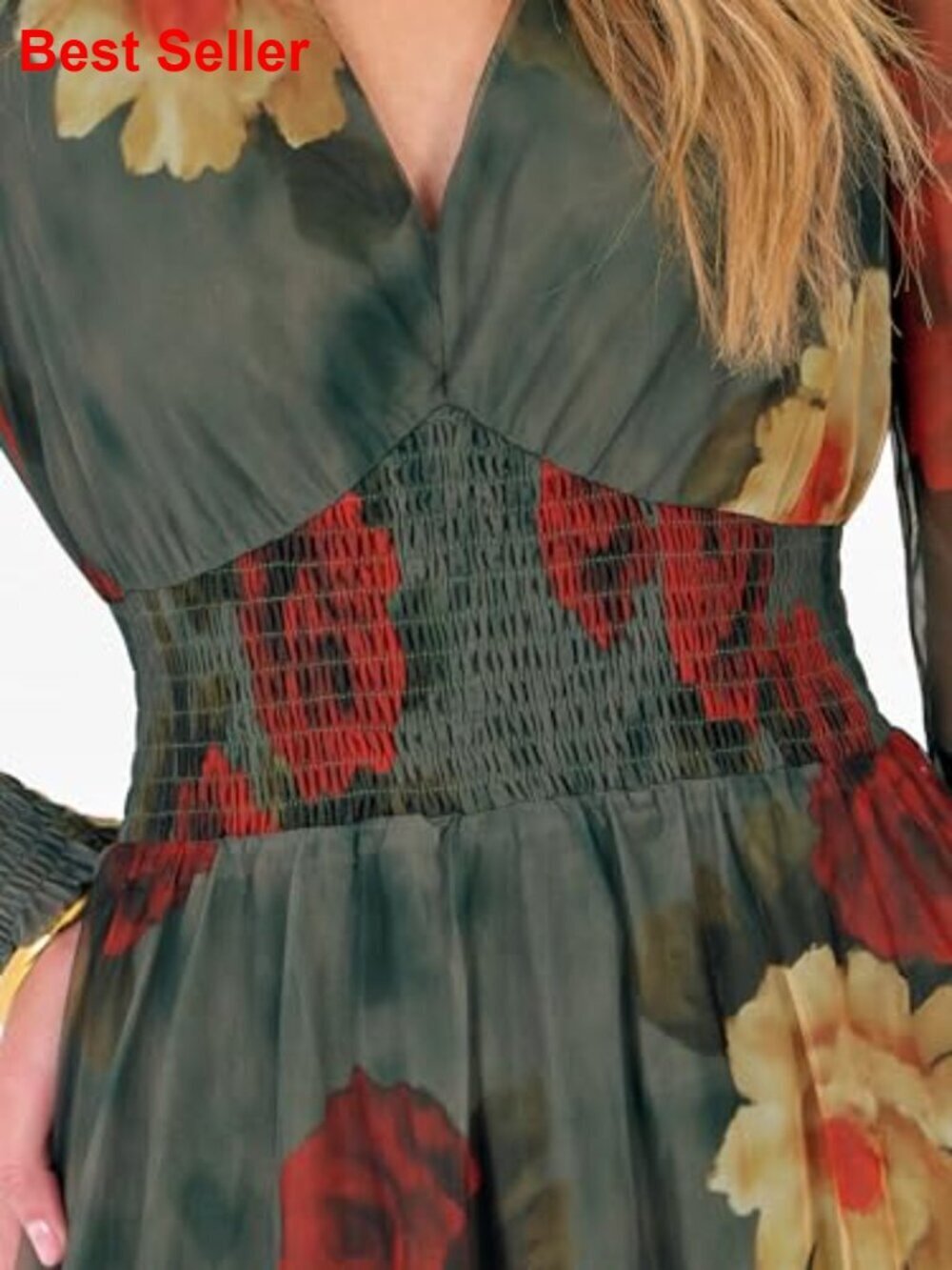 Floral Maxi Dress with Puff Sleeves, V-Neck, 100% Polyester - Picture 2 of 7